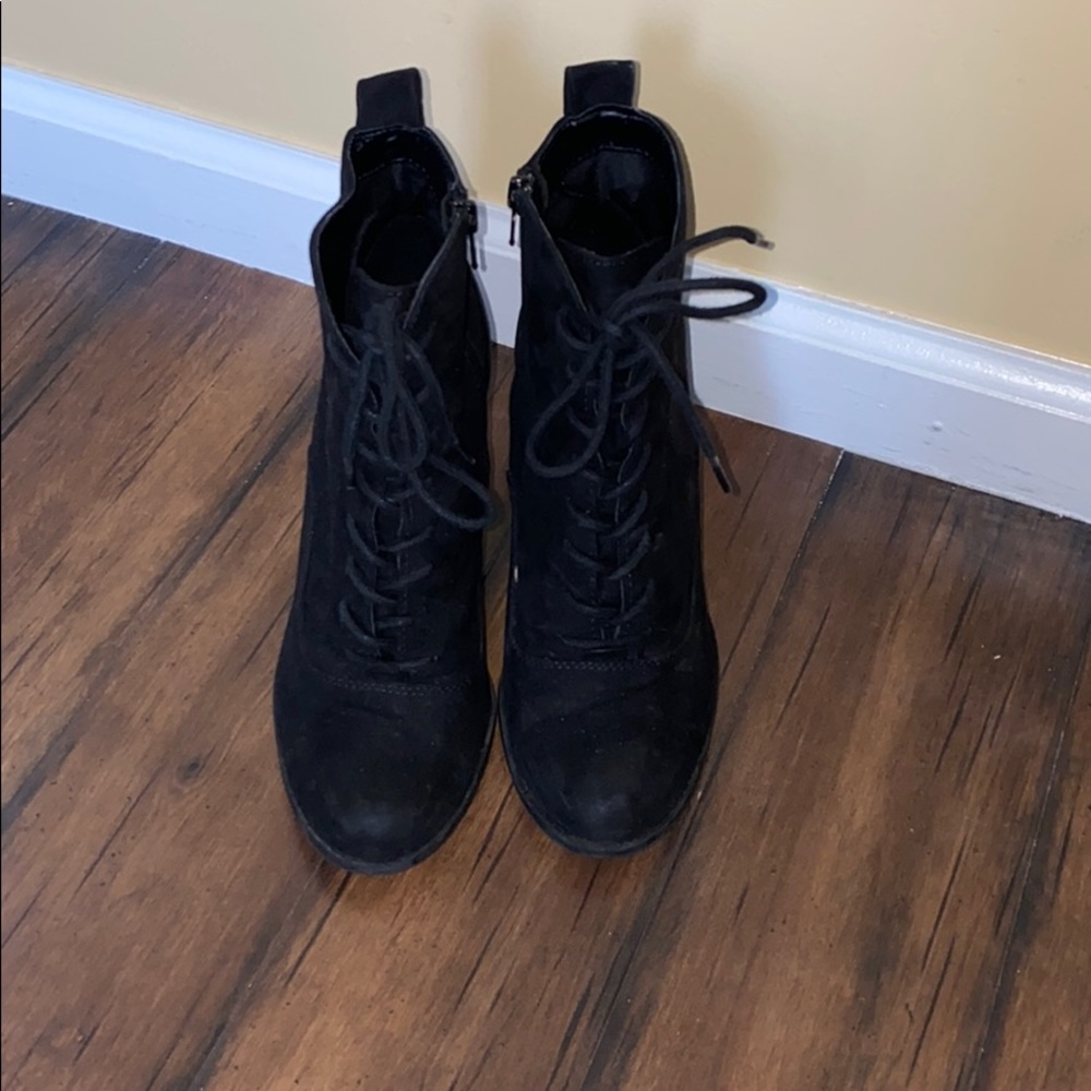 Express black lace up front suede heel booties